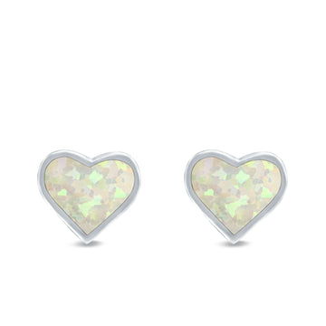 Heart Stud Earrings Lab Created White Opal 925 Sterling Silver (8mm)